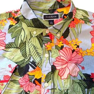 Club Room Tropical Floral Hawaiian Cotton Short Sleeve Shirt Mens Large Blue